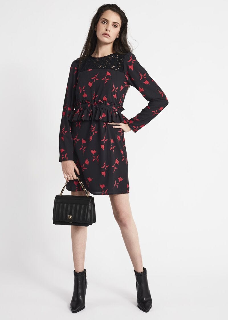 Dress in floral georgette with peplum