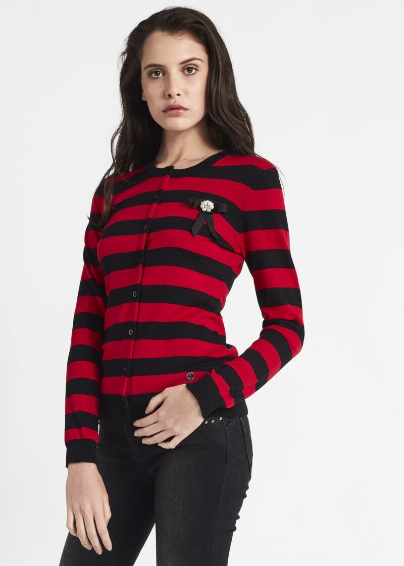 Crew neck cardigan with jacquard stripes