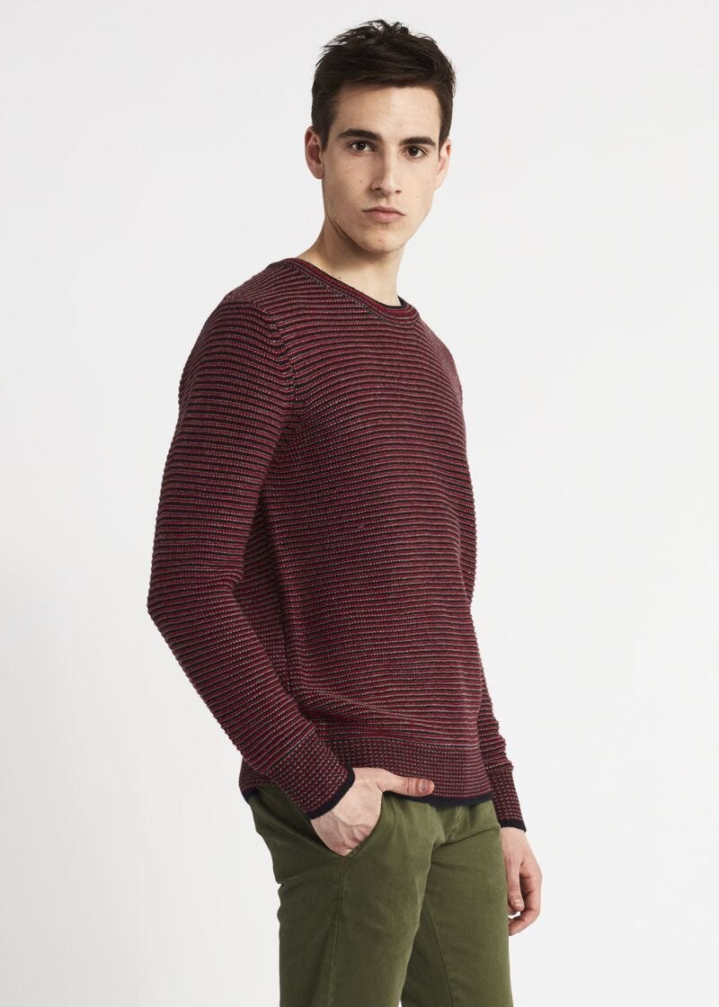 Crew neck jumper with horizontal ribbing