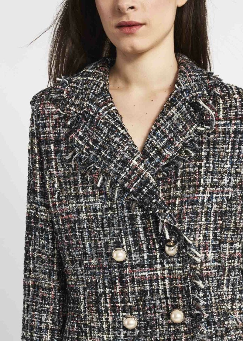 Double-breasted jacket with fringed hems