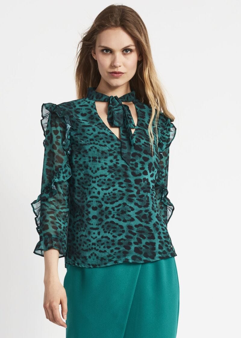 Animal pattern blouse with scarf