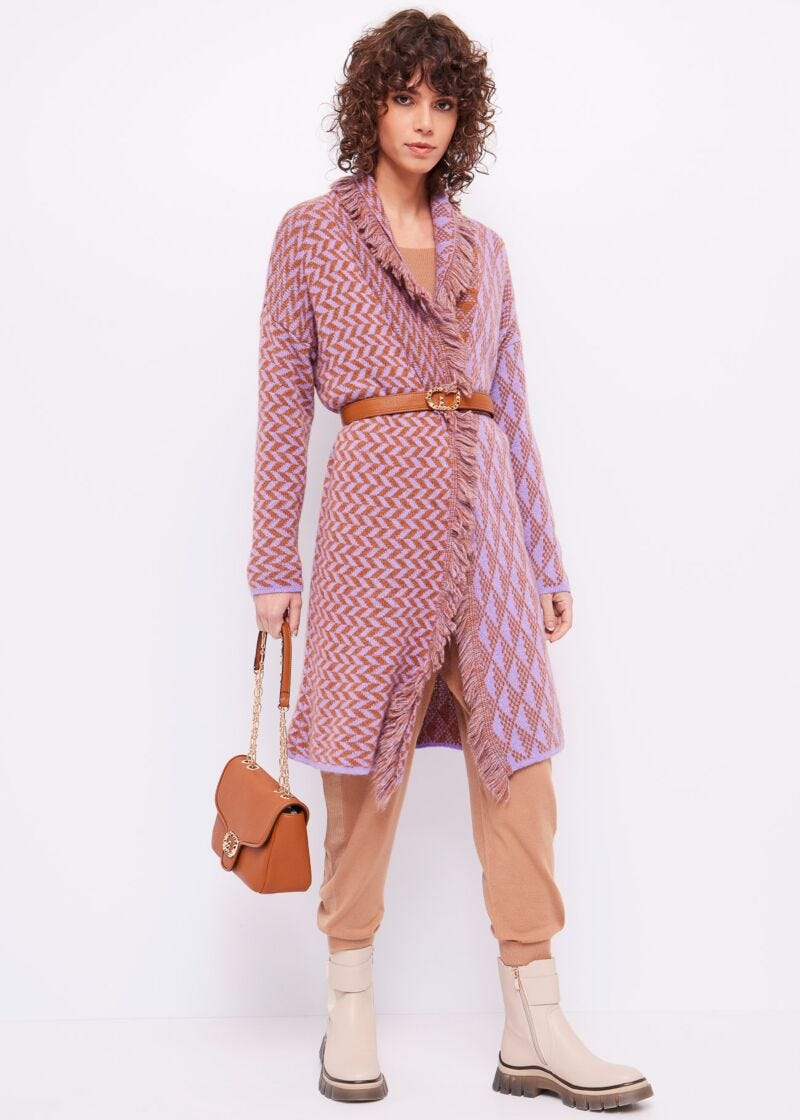 Cardigan jacquard con frange