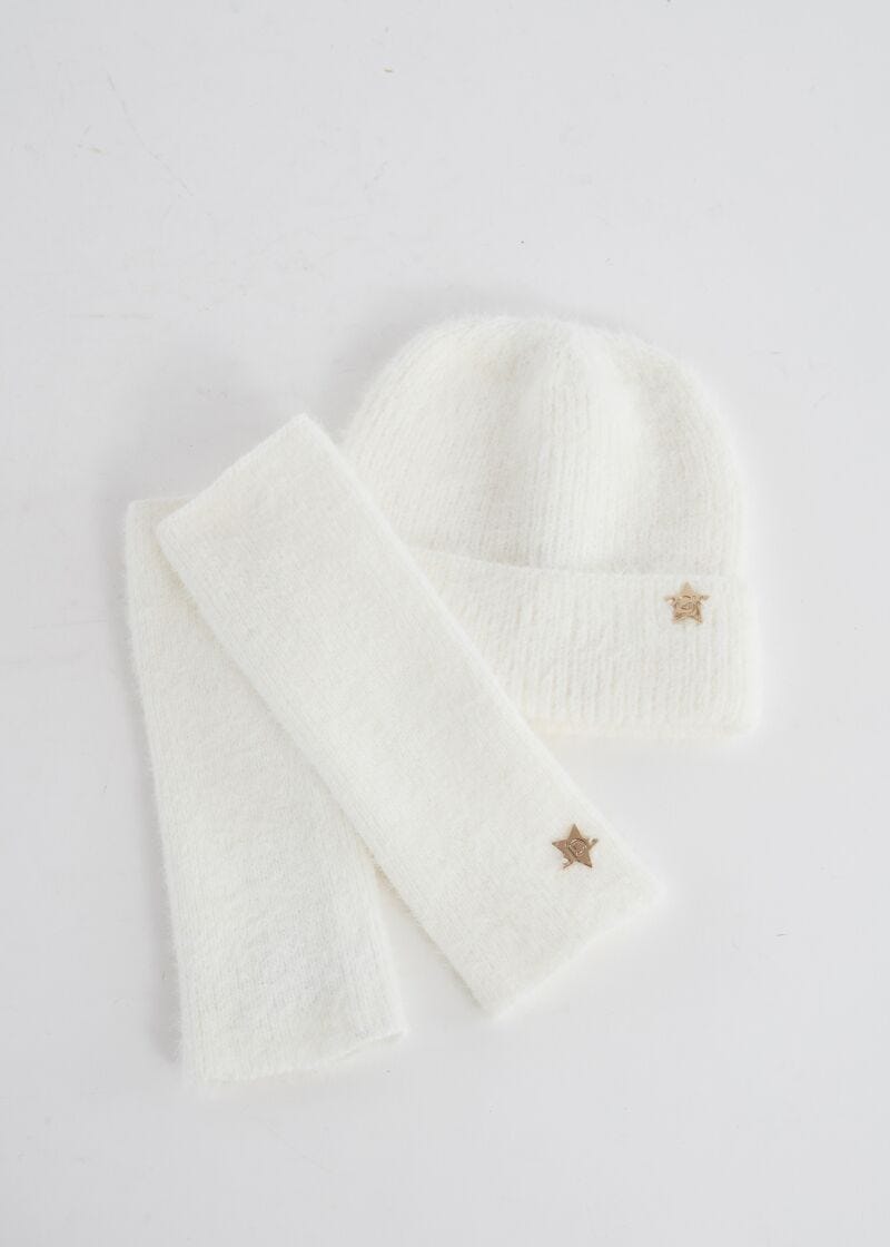 Matching beanie hat and fingerless sleeve gloves