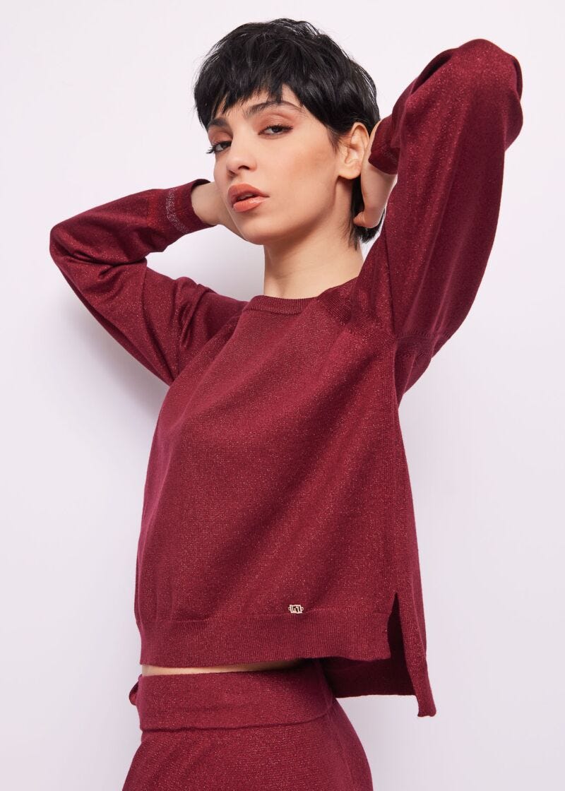 Pull à col rond en lurex bordeaux