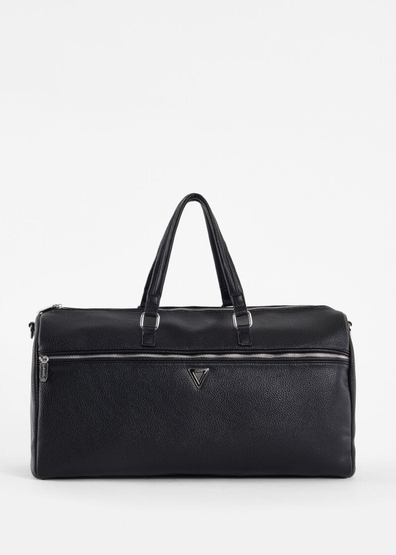 Black fauxleather duffel bag
