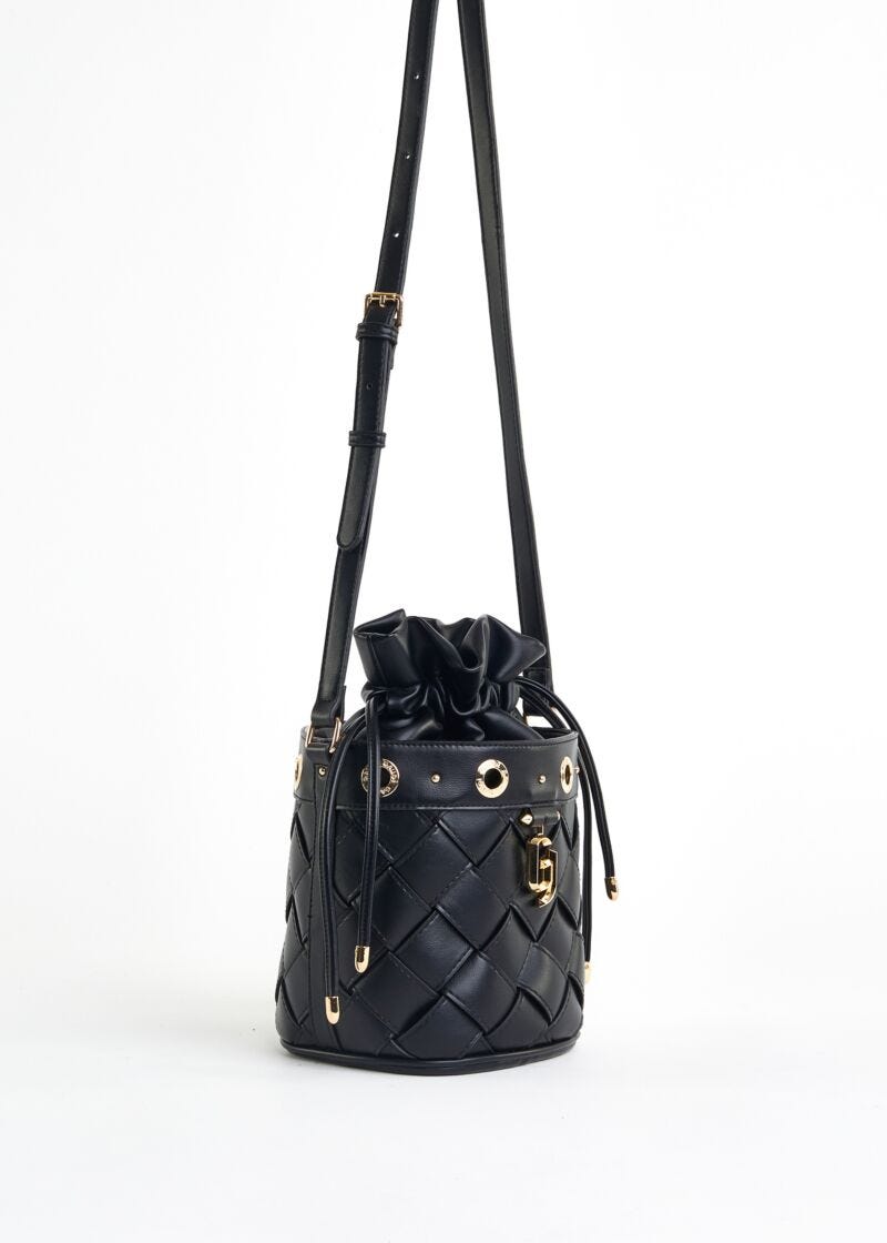 Woven faux-leather bucket bag