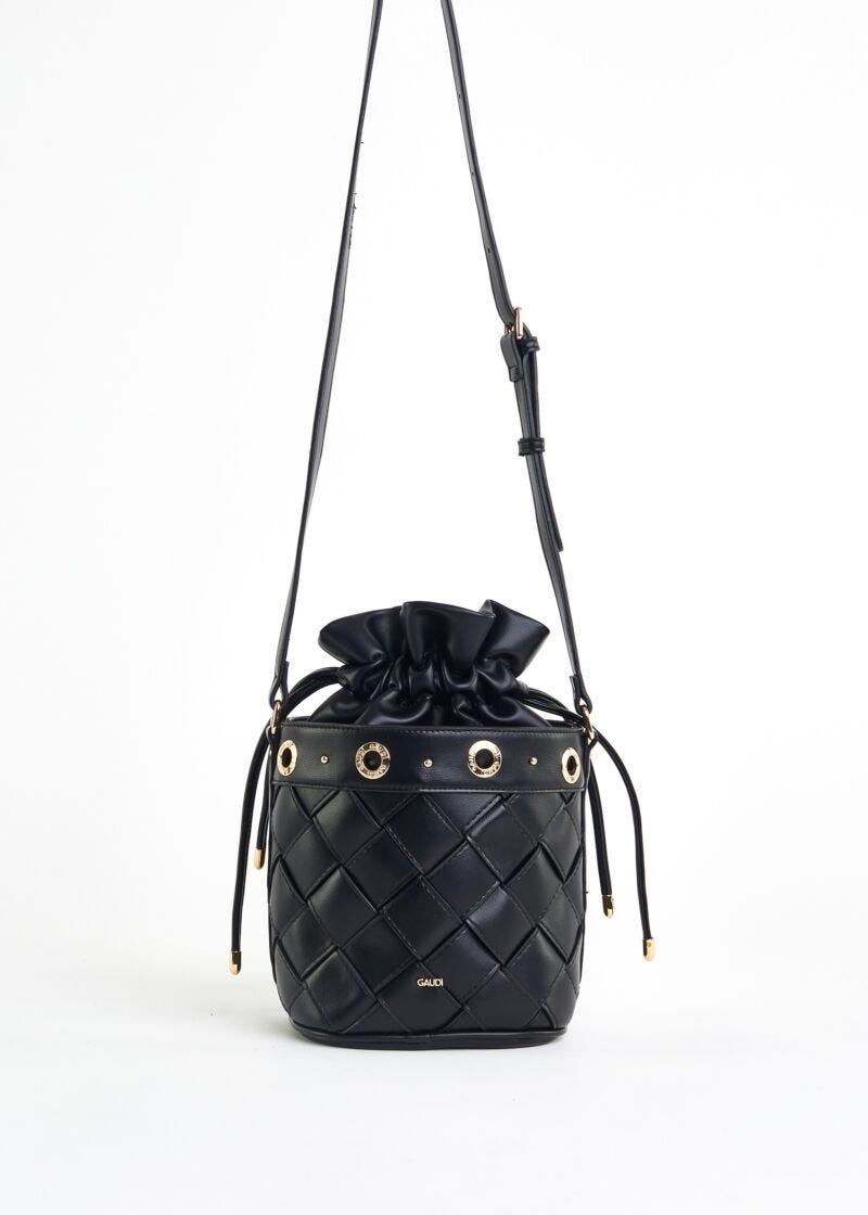 Woven faux-leather bucket bag