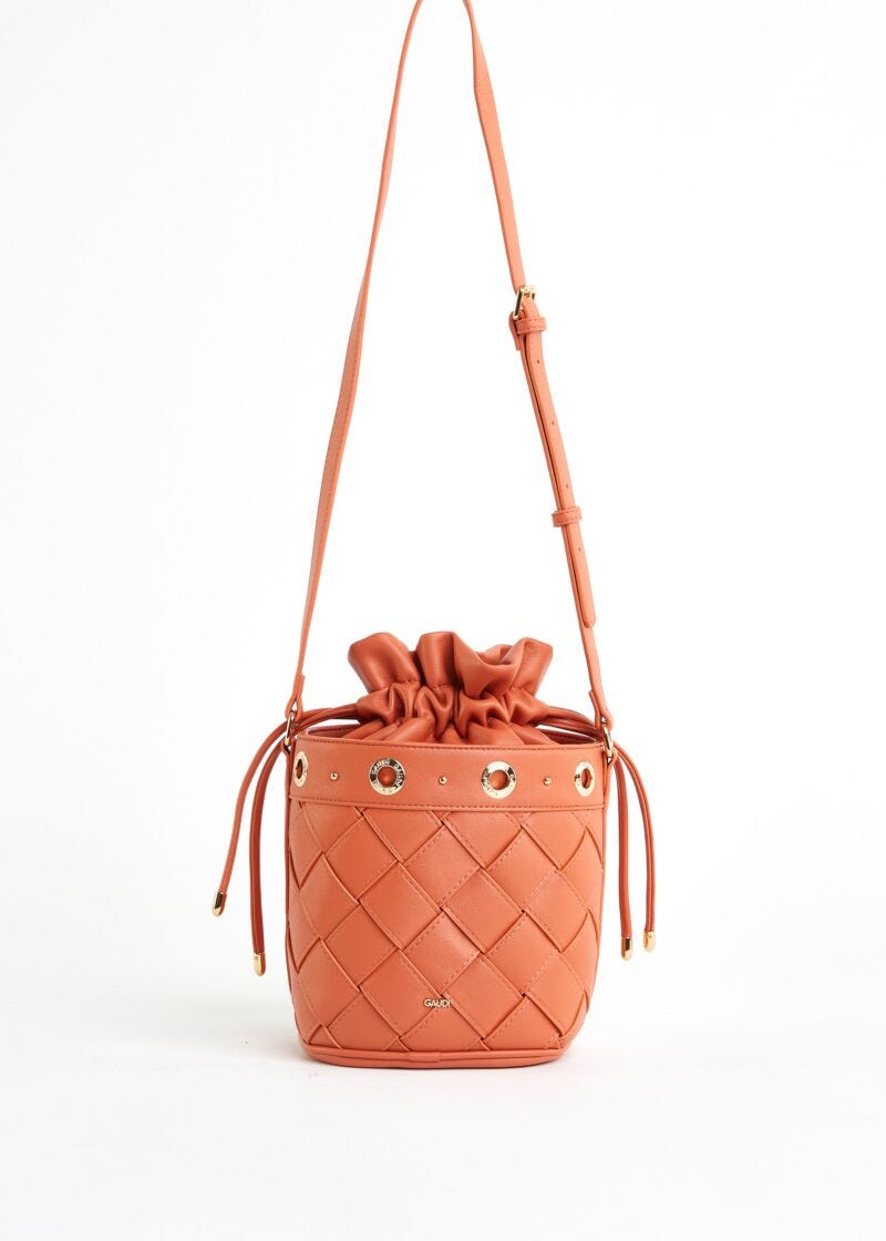 Woven faux-leather bucket bag