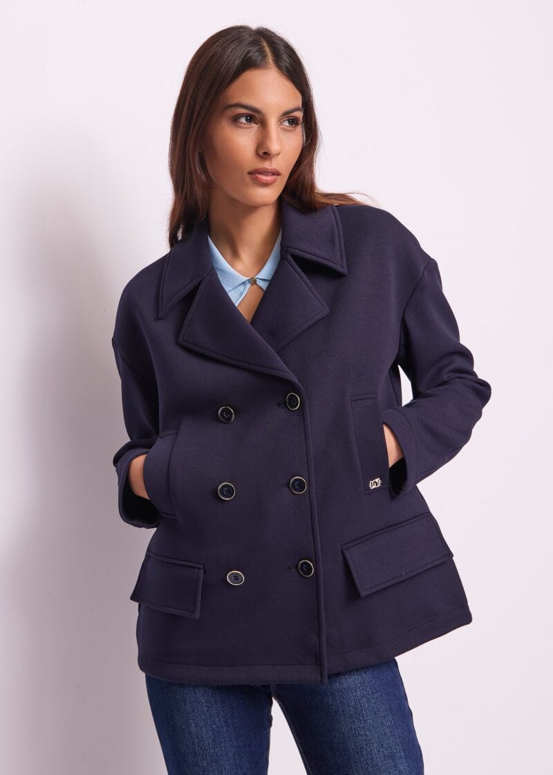 Caban bleu en scuba pour femme