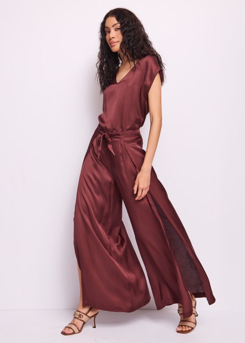 Blouse marron en satin pour femme