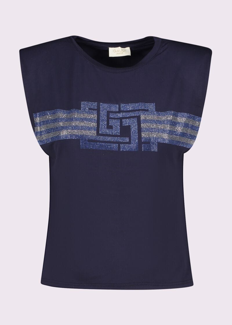 Top azul de algodón con logotipo para mujer