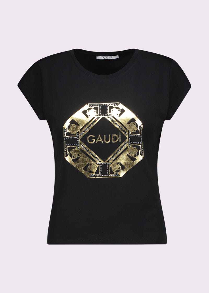 T-shirt da donna nera con stampa e strass