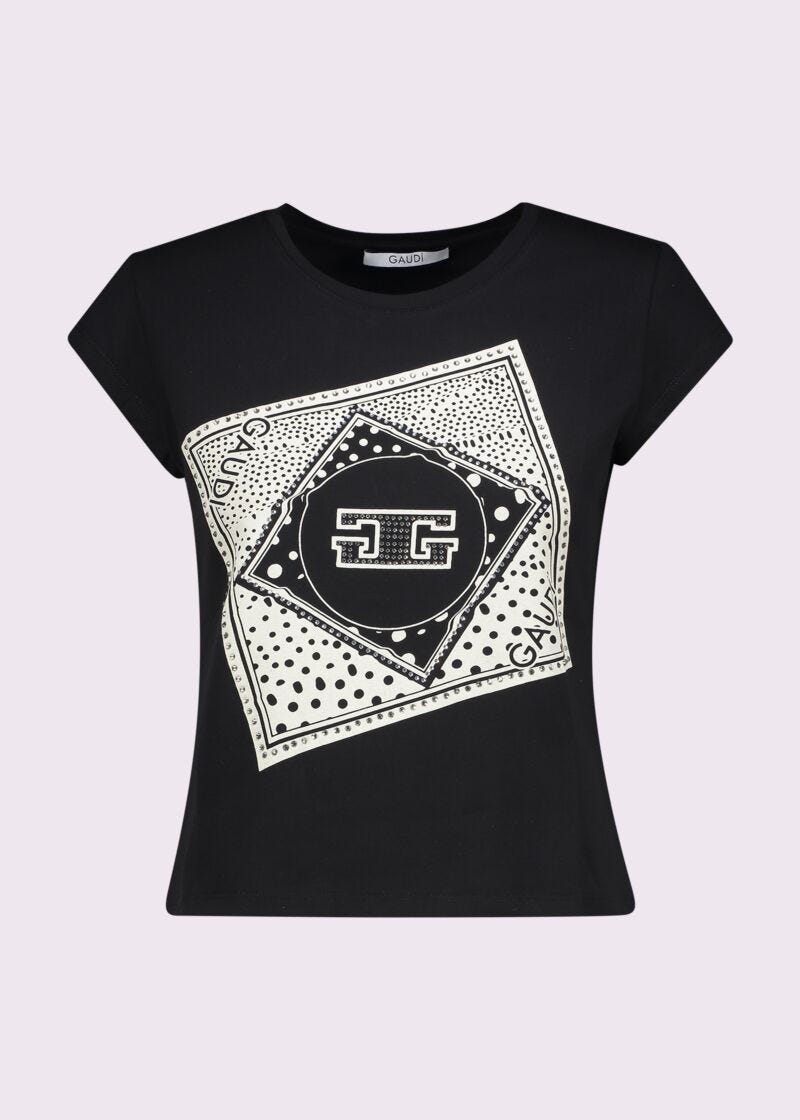 T-shirt da donna nera con stampa e strass