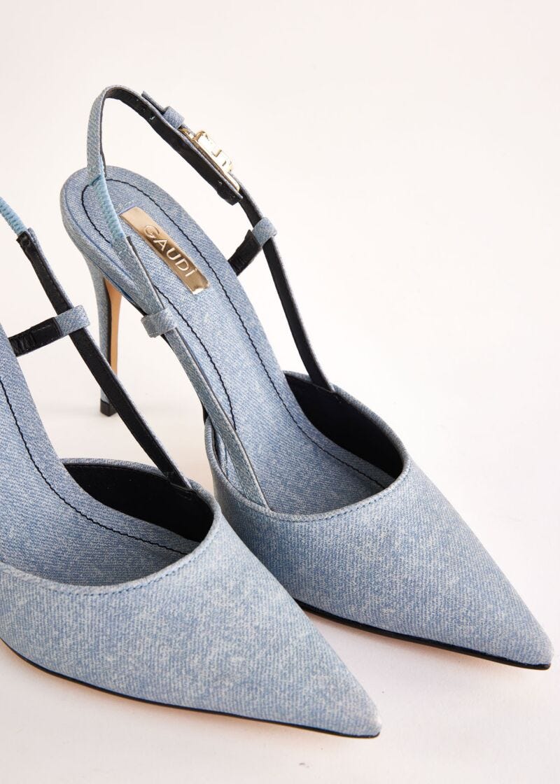 Denim-effect leather slingbacks