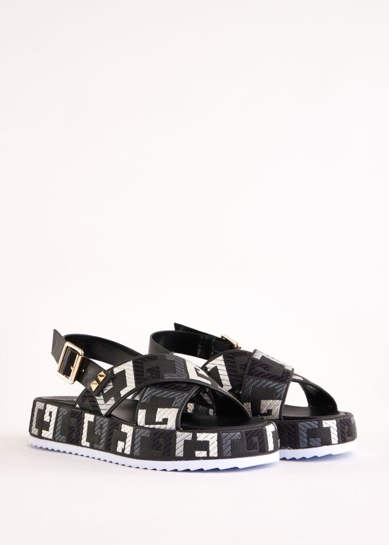 Black canvas and faux-leather sandals