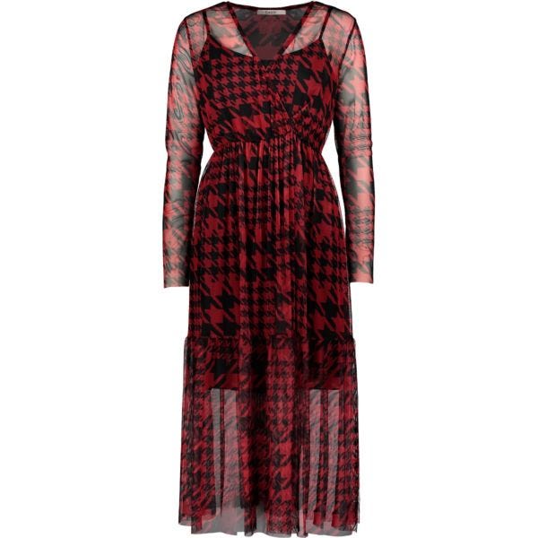 Houndstooth check dress with flounce