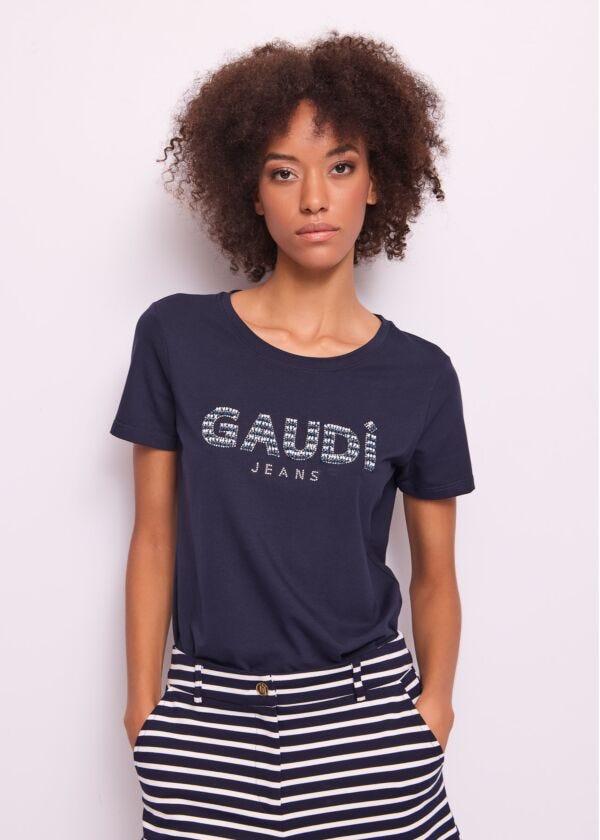 T-shirt donna blu con strass Gaudì Jeans