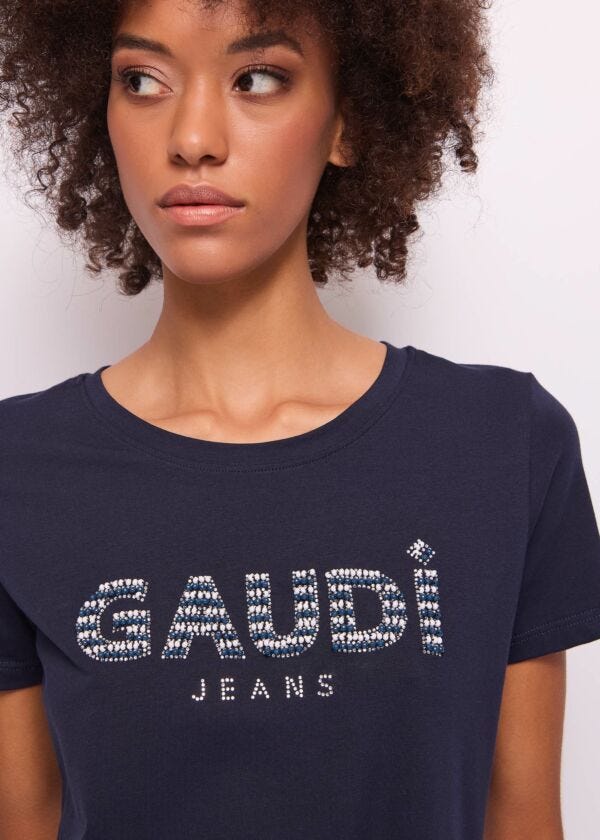 T-shirt donna blu con strass