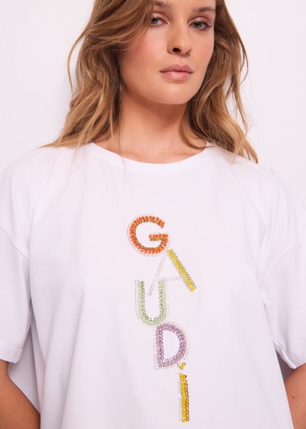 T-shirt donna bianca con logo e strass