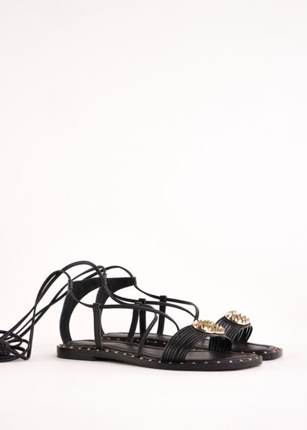 Flat black leather sandals