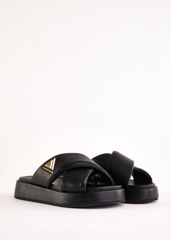 Black faux-leather sabots