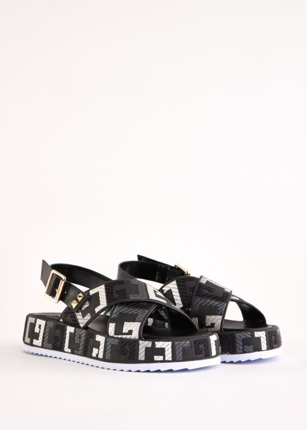 Black canvas and faux-leather sandals