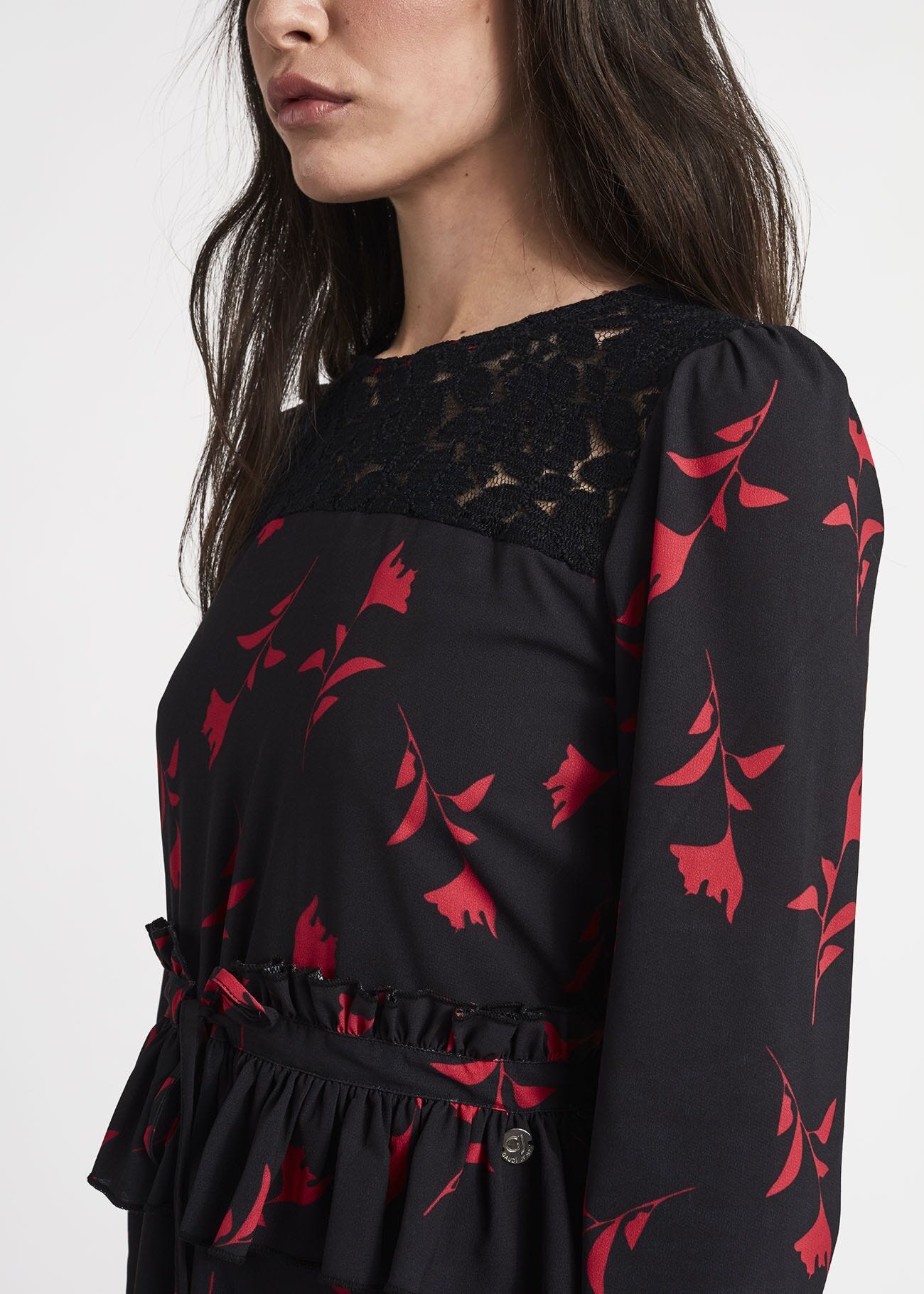 Dress in floral georgette with peplum