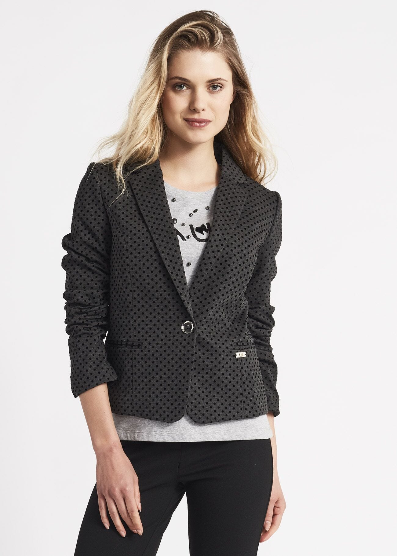 Single-breasted jacket with flocked polka dots