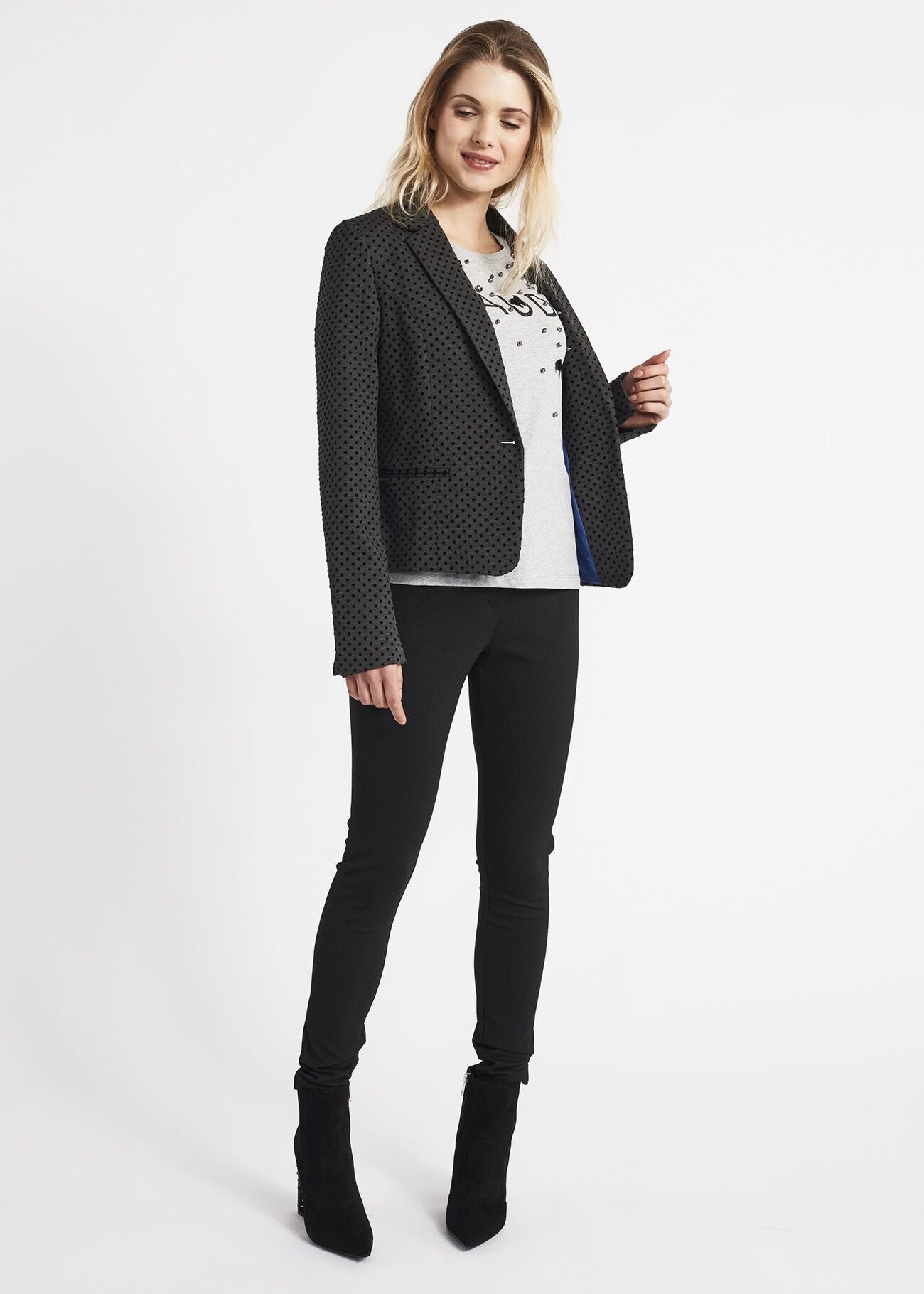 Single-breasted jacket with flocked polka dots