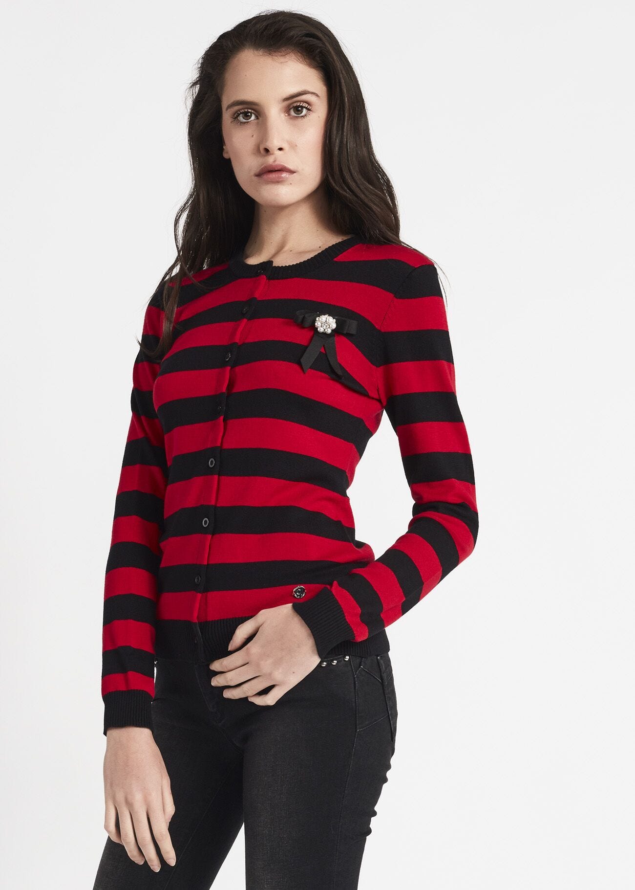 Crew neck cardigan with jacquard stripes