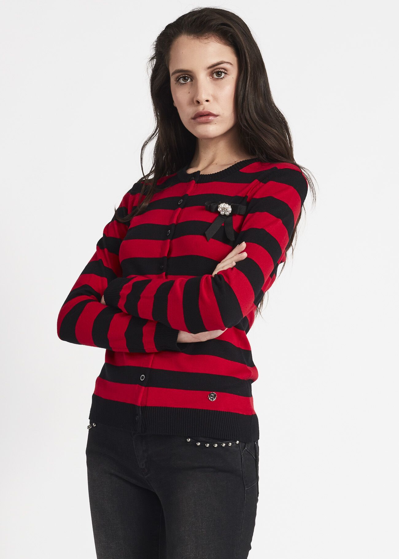 Crew neck cardigan with jacquard stripes