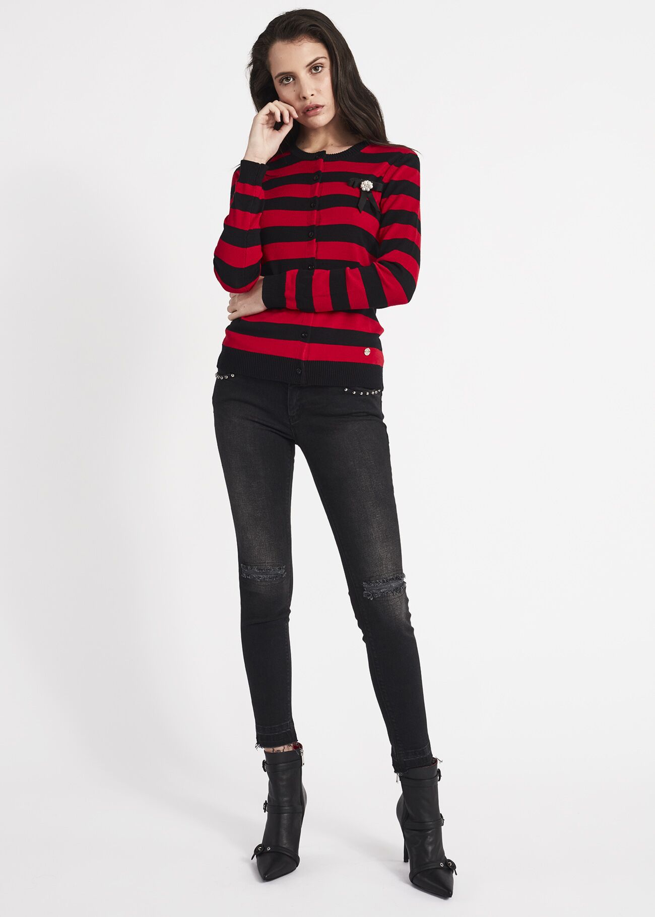 Crew neck cardigan with jacquard stripes