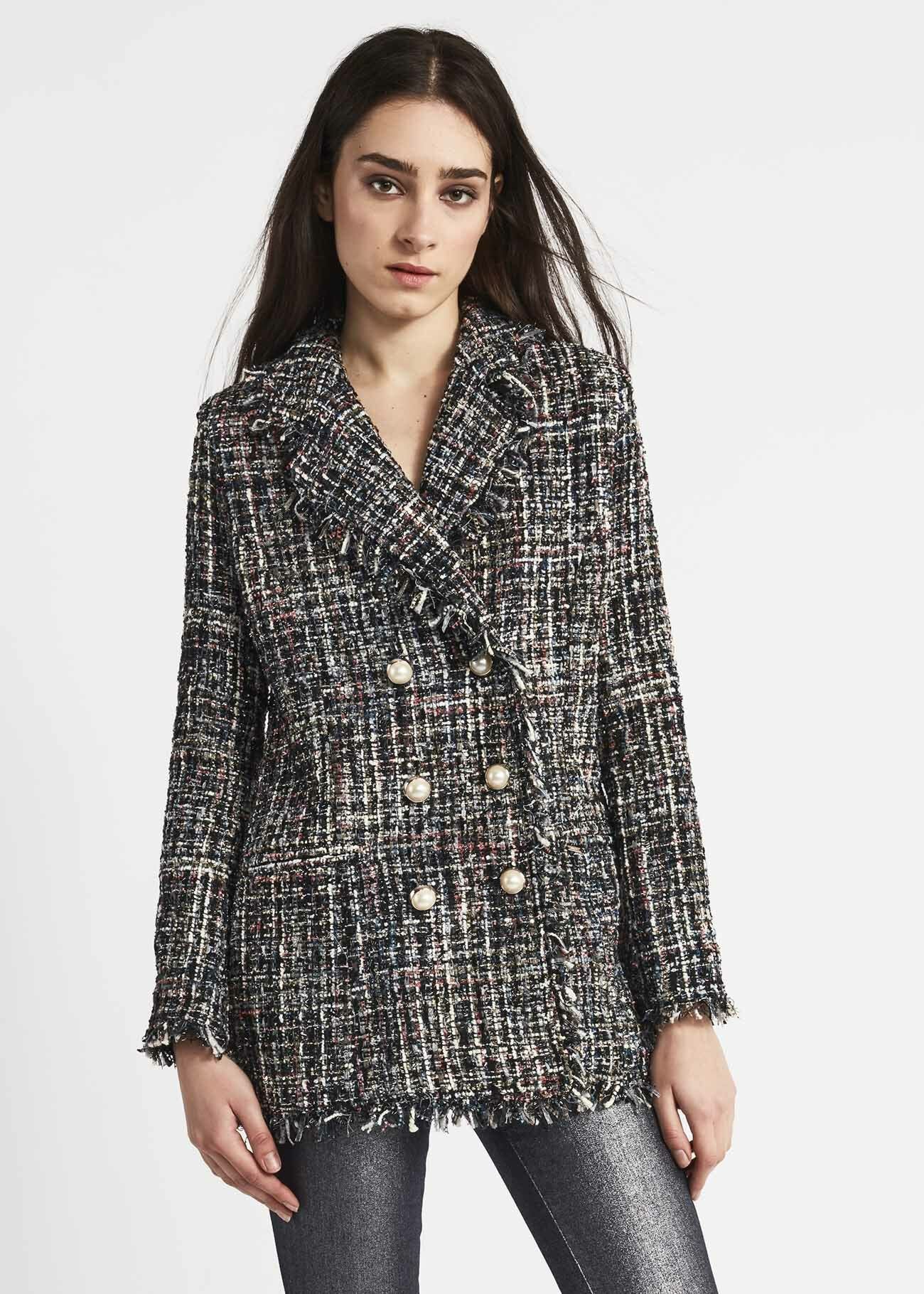 Double-breasted jacket with fringed hems