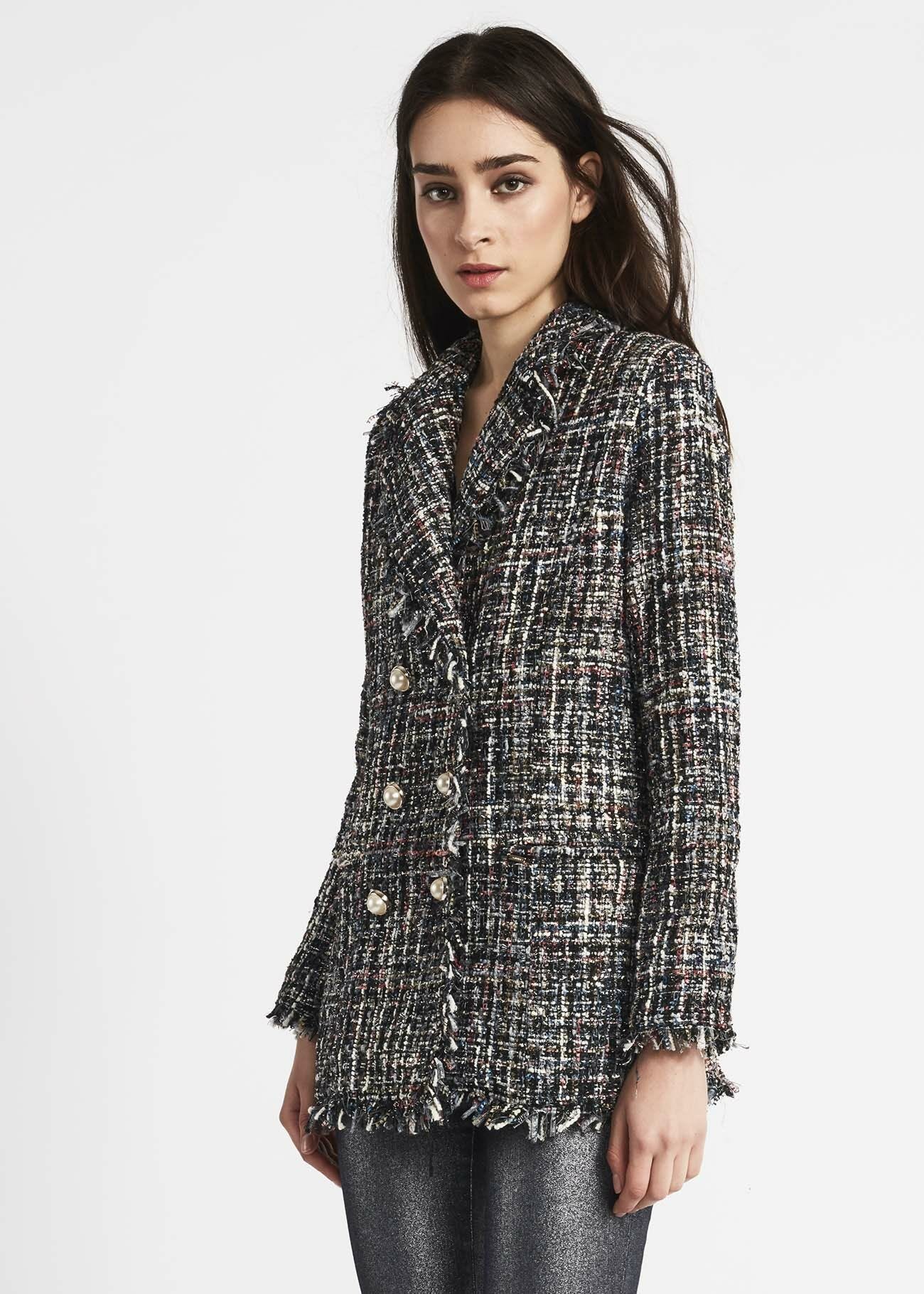 Double-breasted jacket with fringed hems