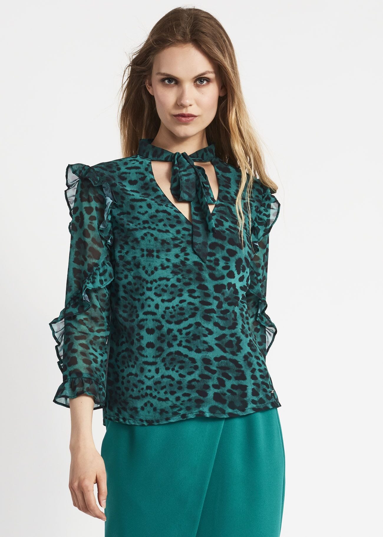 Animal pattern blouse with scarf