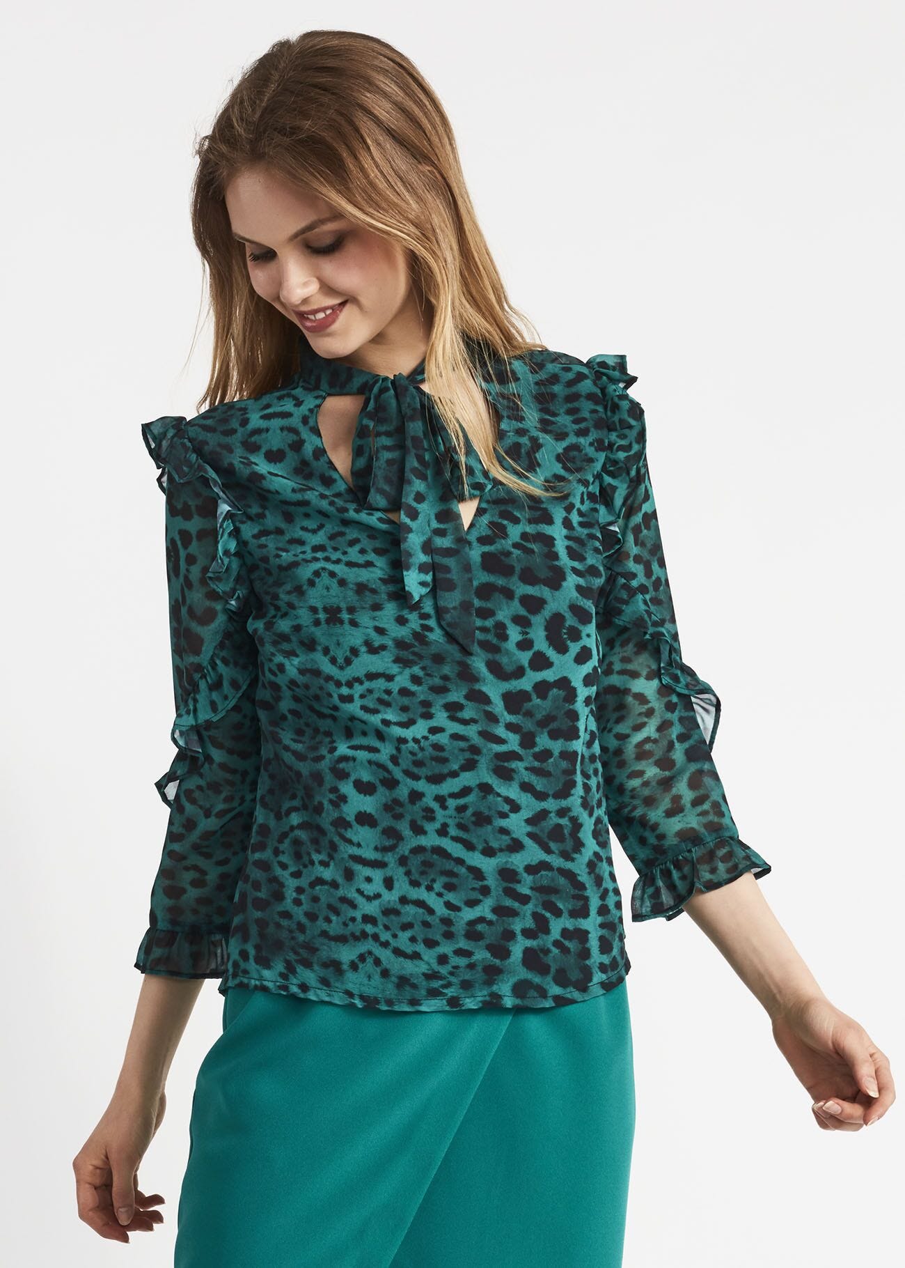 Animal pattern blouse with scarf
