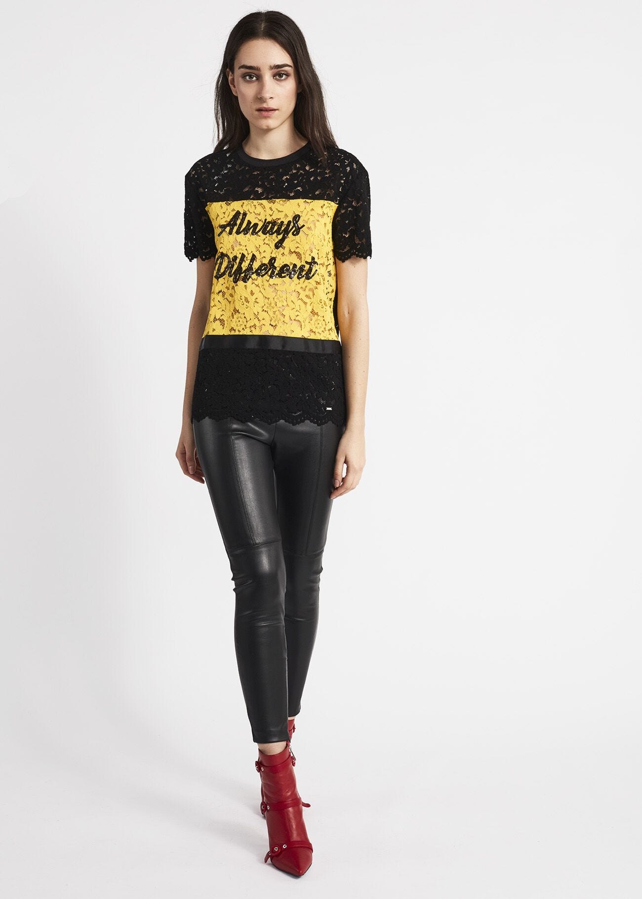 T-shirt in pizzo e gros grain