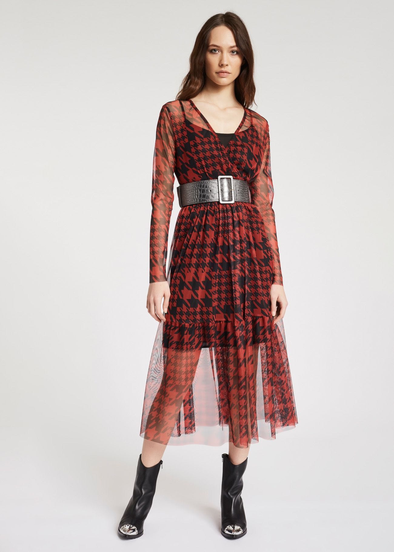 Houndstooth check dress with flounce