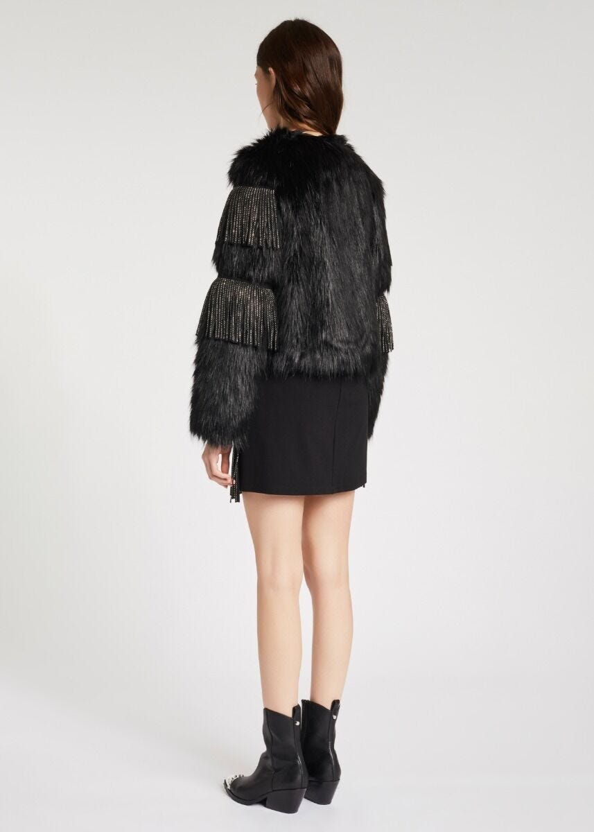 Faux fur jacket with fringing