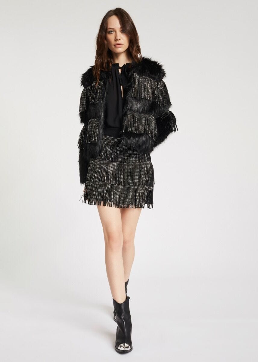 Faux fur jacket with fringing