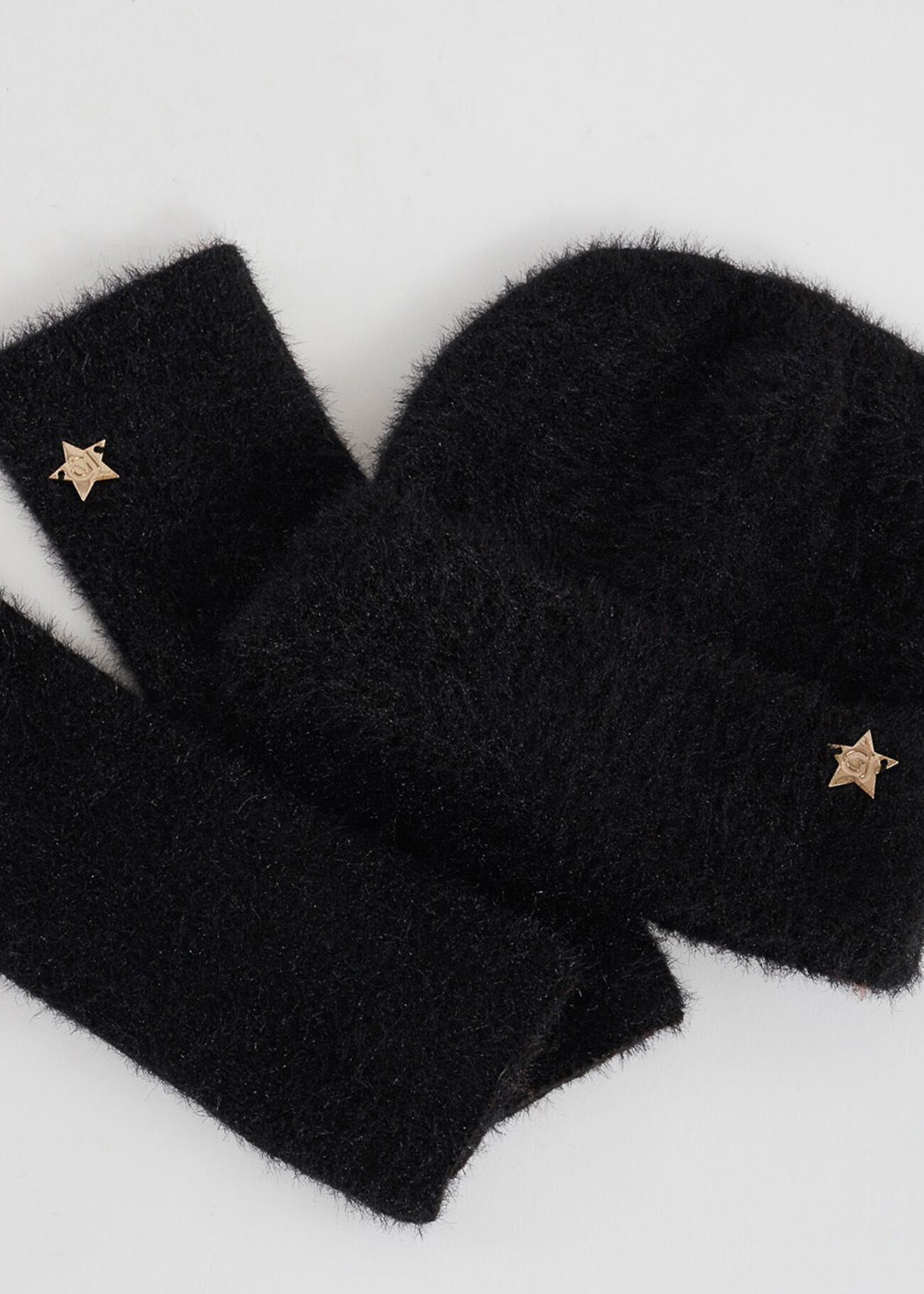 Matching beanie hat and fingerless sleeve gloves