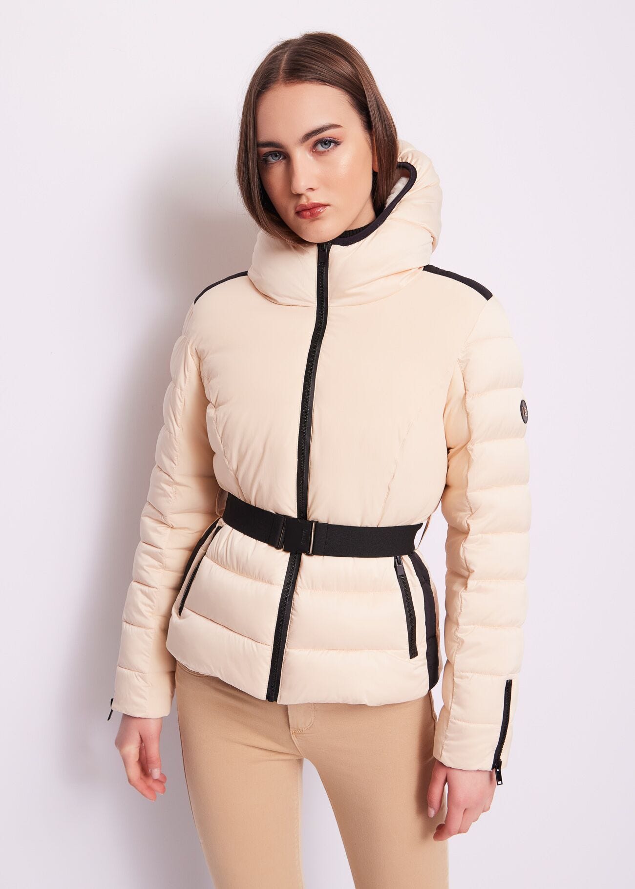 Cropped nylon down jacket.