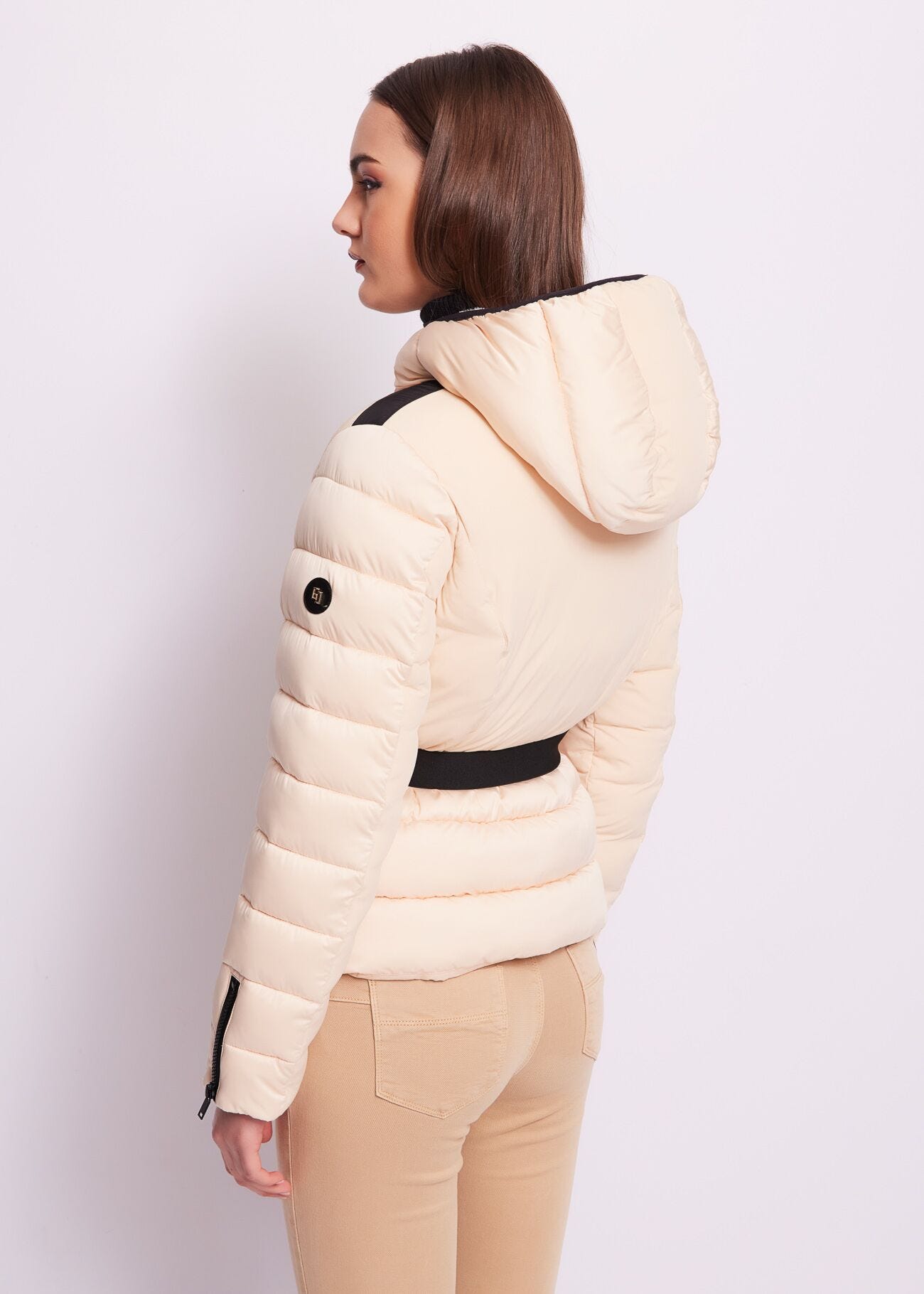 Cropped nylon down jacket.