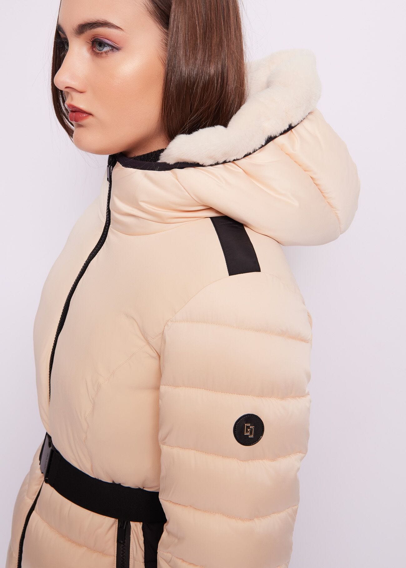 Cropped nylon down jacket.