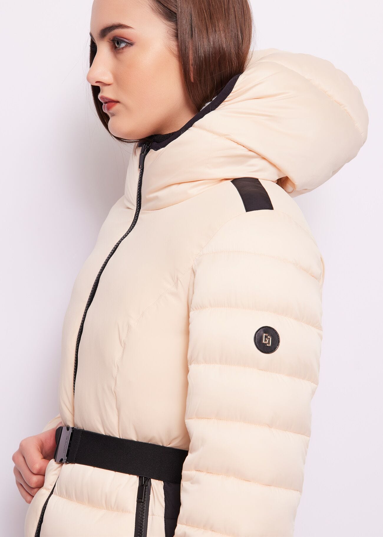 Cropped nylon down jacket.