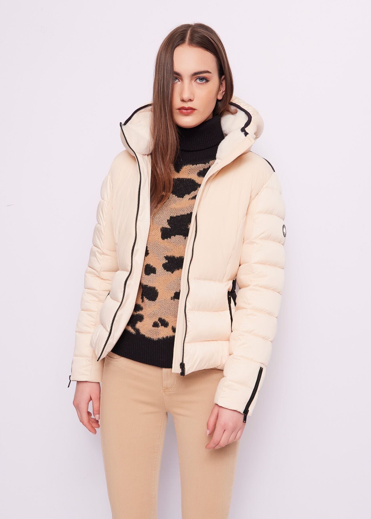 Cropped nylon down jacket.