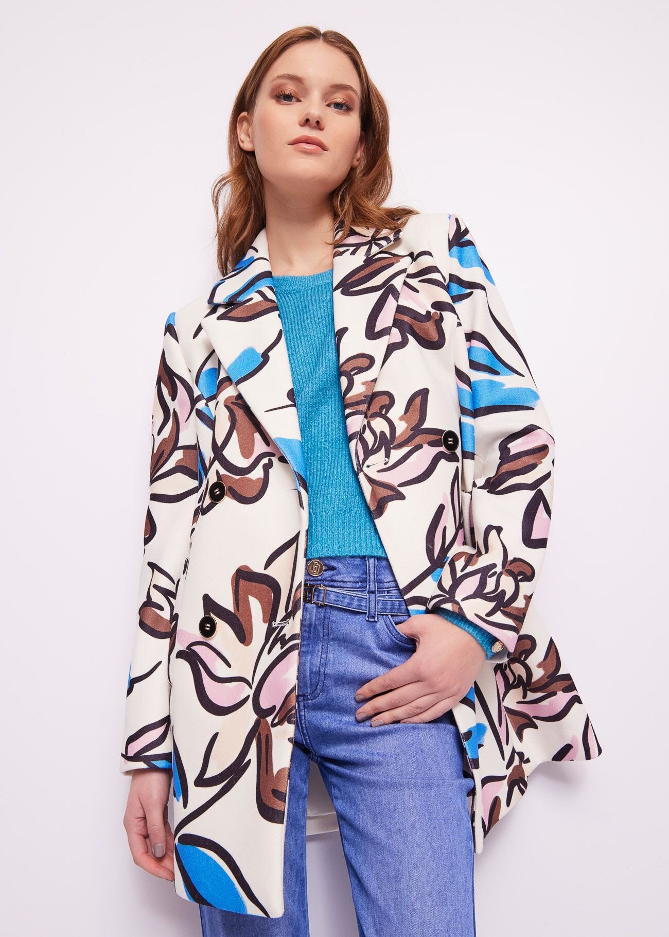 Floral print pea coat