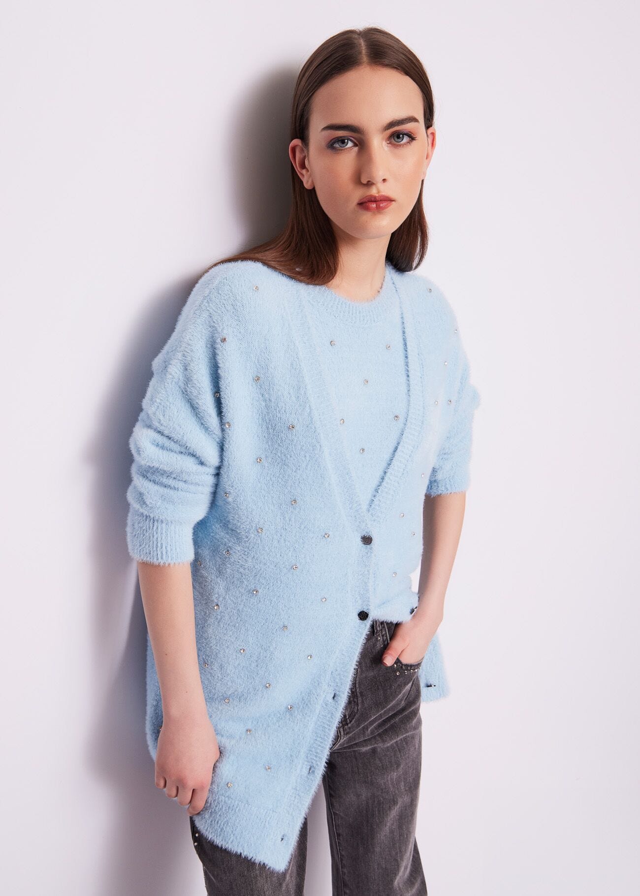 Light blue cardigan with rhinestones