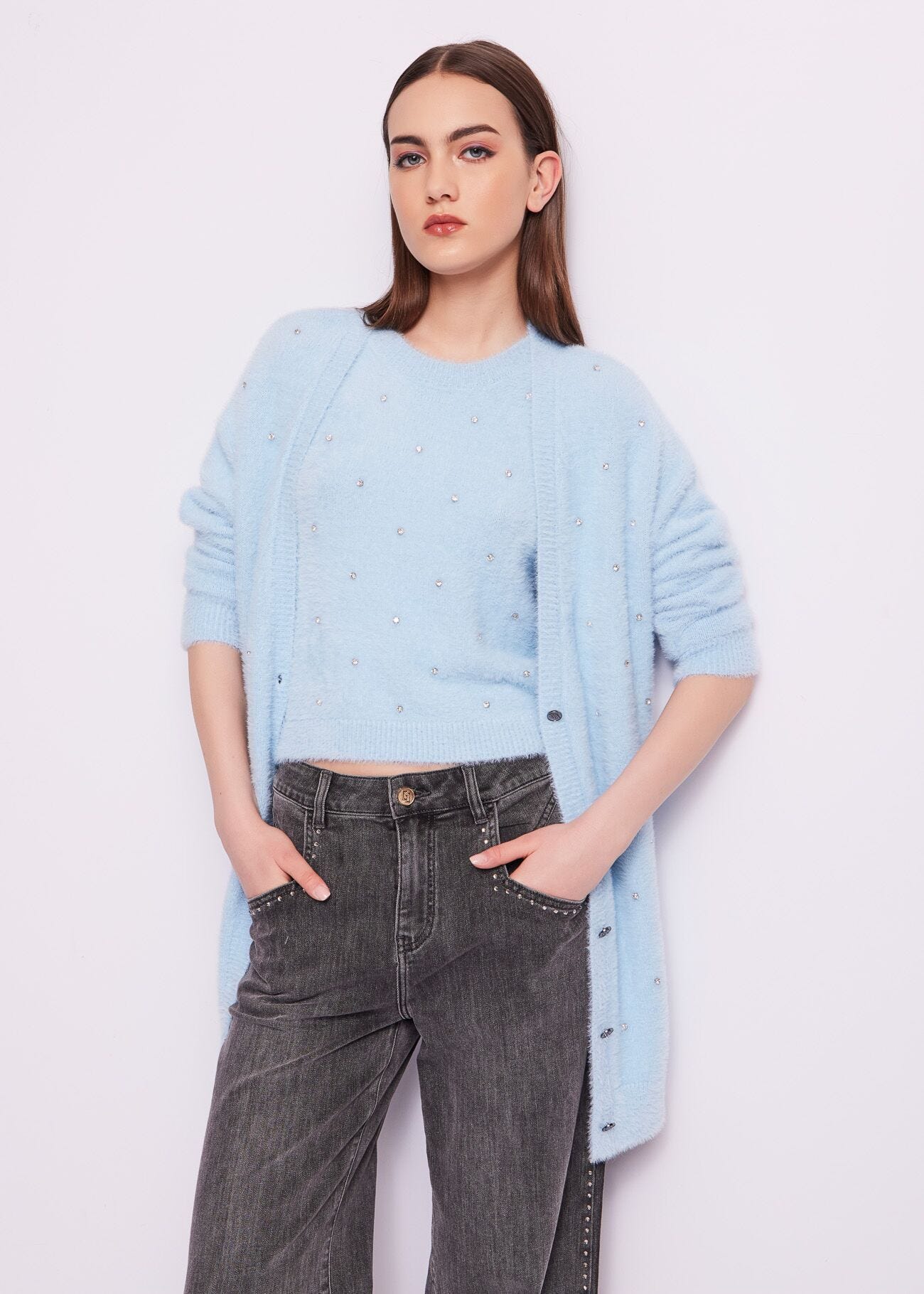 Light blue cardigan with rhinestones