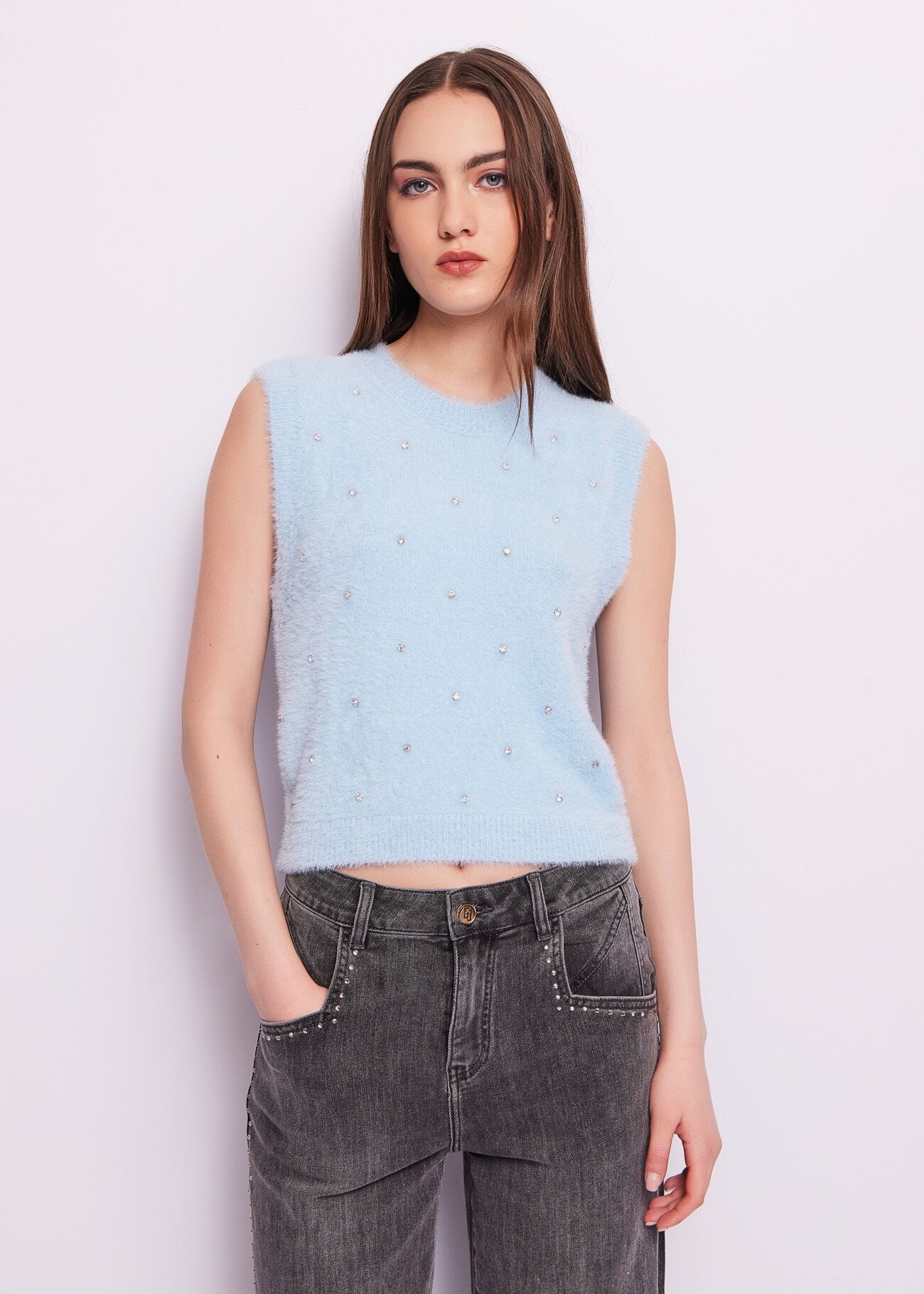 Light blue gilet with rhinestones
